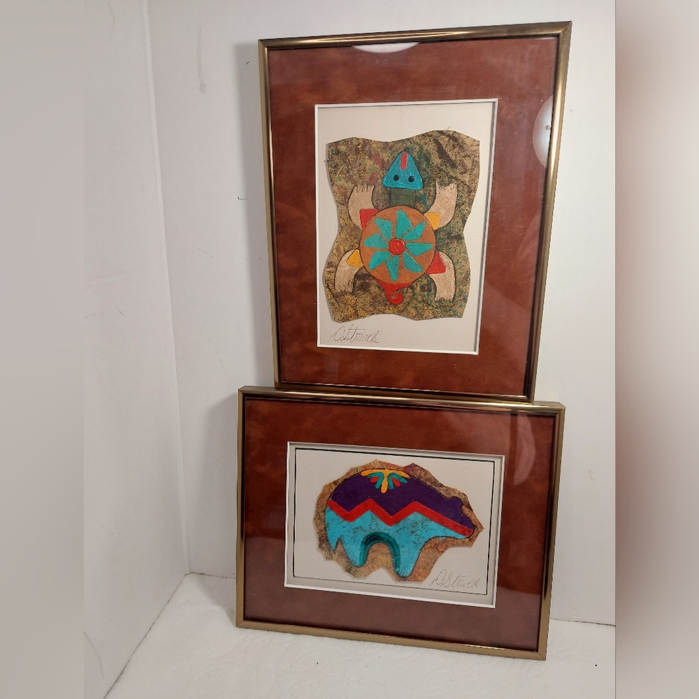 Deborah Stowell Art Mixed Media Decor Set Of Two, turtle & bear signed by artist